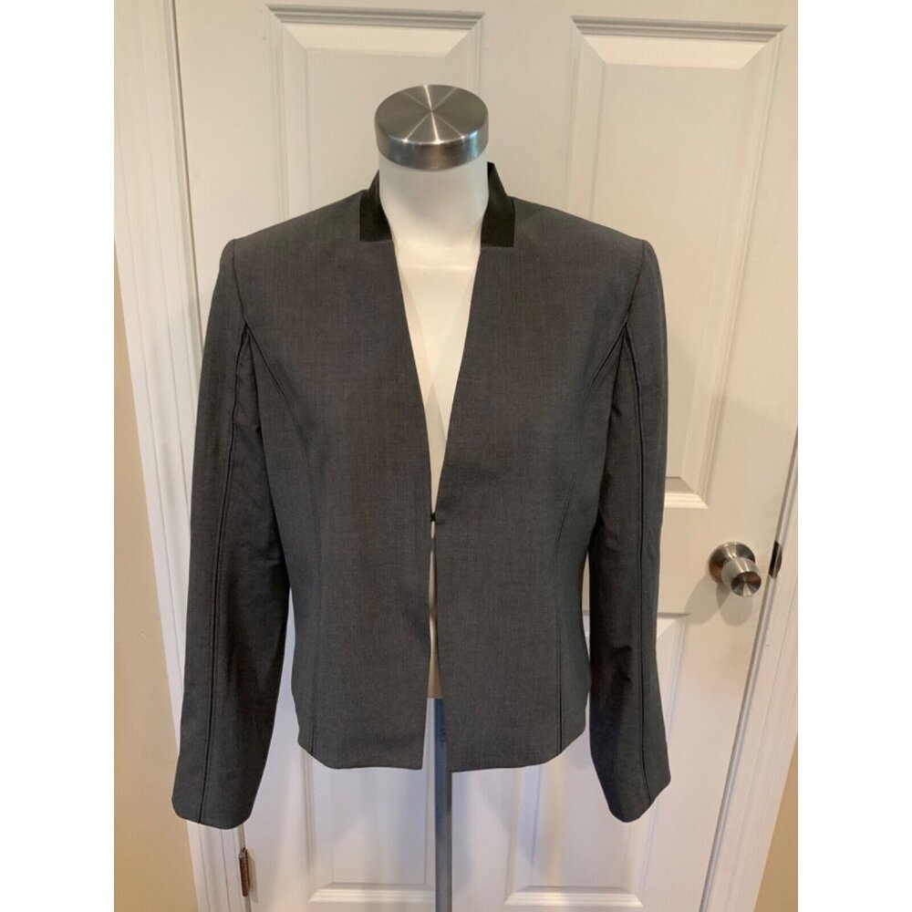 Elie Tahari Gray Wool Cropped Jacket W/ Leather Trim, Size 12